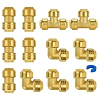 SUNGATOR Push Fittings 1/2 Inch, No Lead Brass Plumbing Fittings, Coupling Fitting(5 PCS), Elbow Fitting(5 PCS), Tee Fitting(2 PCS), Quick Fittings for Pex,Copper,CPVC, with 1 Release Tool, Pack of 12
