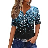 Women's Sparkly Graphic T-Shirts V Neck Button Down Henley Shirts Y2K Tops Summer Casual Short Sleeve Tunic Blouse