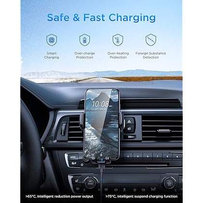 HTC Wireless Car Charger & Car Phone Holder 2 in 1, 15W Auto Clamping Cradle Qi Fast Charging Car Air Vent Phone Mount Compatible with iPhone 13/13 Pro/12 Pro Max, Samsung Galaxy S22 S20 10+ S9+S8