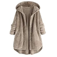 Forthery Hooded Faux Fur Coats for Women Long Teddy Bear Jacket Button Fluffy Pullover Loose Sweater(Gray,XXL)