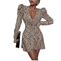 Dresses for Women - Zebra Striped Gigot Sleeve Ruffle Trim Wrap Dress