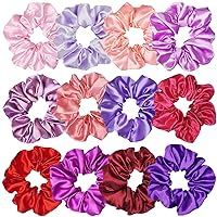 12 Pcs Satin Silk Hair Scrunchies Soft Hair Ties Fashion Hair Bands Hair Bow Ropes Hair Elastic Bracelet Ponytail Holders Hair Accessories for Women and Girls (4.5 Inch, Assorted Red and Purple)
