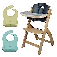 Abiie Beyond Junior Natural Wood/Black Cushion Convertible 3-in-1 Wooden High Chairs for 6 Months to 250 lbs, and Ruby Wrapp Yellow and Baby Blue Silicone Bibs with Front Pocket - Baby Essentials