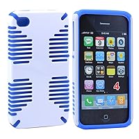 iPhone 4/4s Plastic Rubber Stripe Rugged Heavy Duty Glossy Dual Layer Armor Hybrid Protective Case Cover for iPhone 4/4s, White Blue