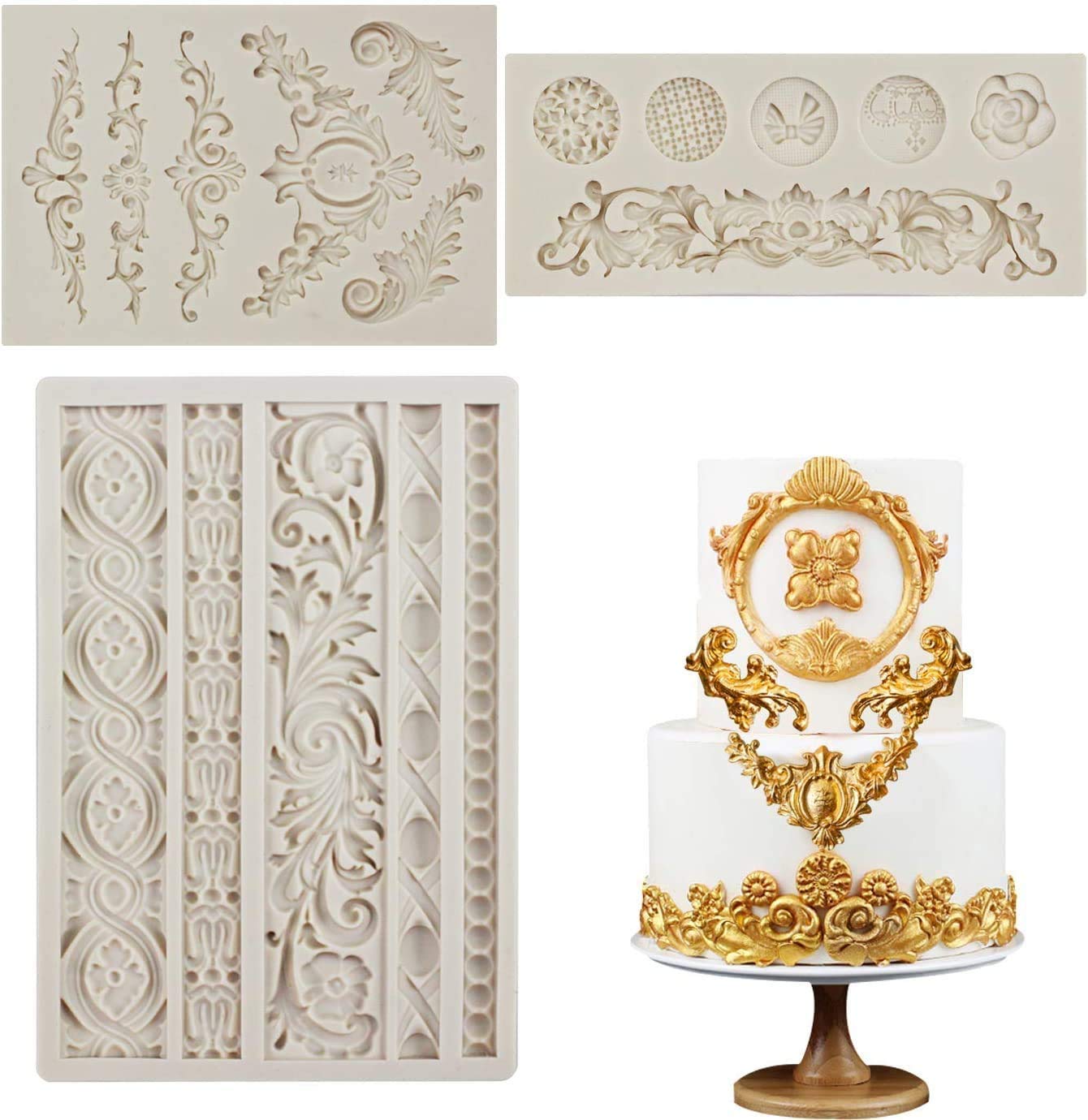 3 Pieces Baroque Fondant Molds Scroll Border Lace Silicone Molds Curlicues Gum Paste Candy Chocolate Molds for Cake Decorating Sugar Craft Polymer Clay