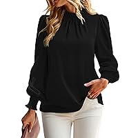 ZILIN Womens Long Sleeve Blouse Frill Mock Neck Solid Puff Sleeve Office Loose Trendy 2023 Casual Work Shirt Tops