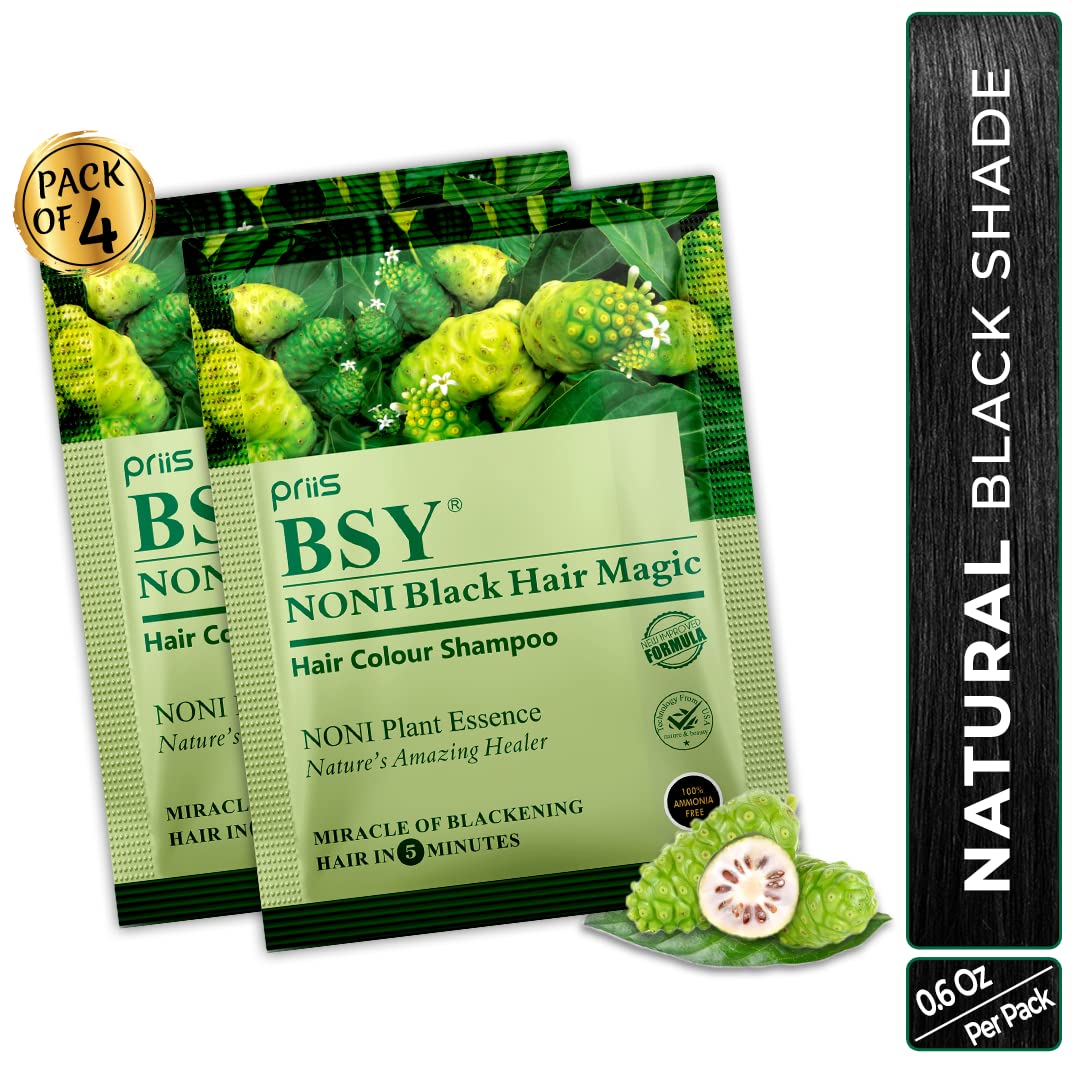 BSY Noni Black Hair Magic with Noni Fruit Extracts, No Ammonia, Hair color shampoo - (20mlx4 Sachets)