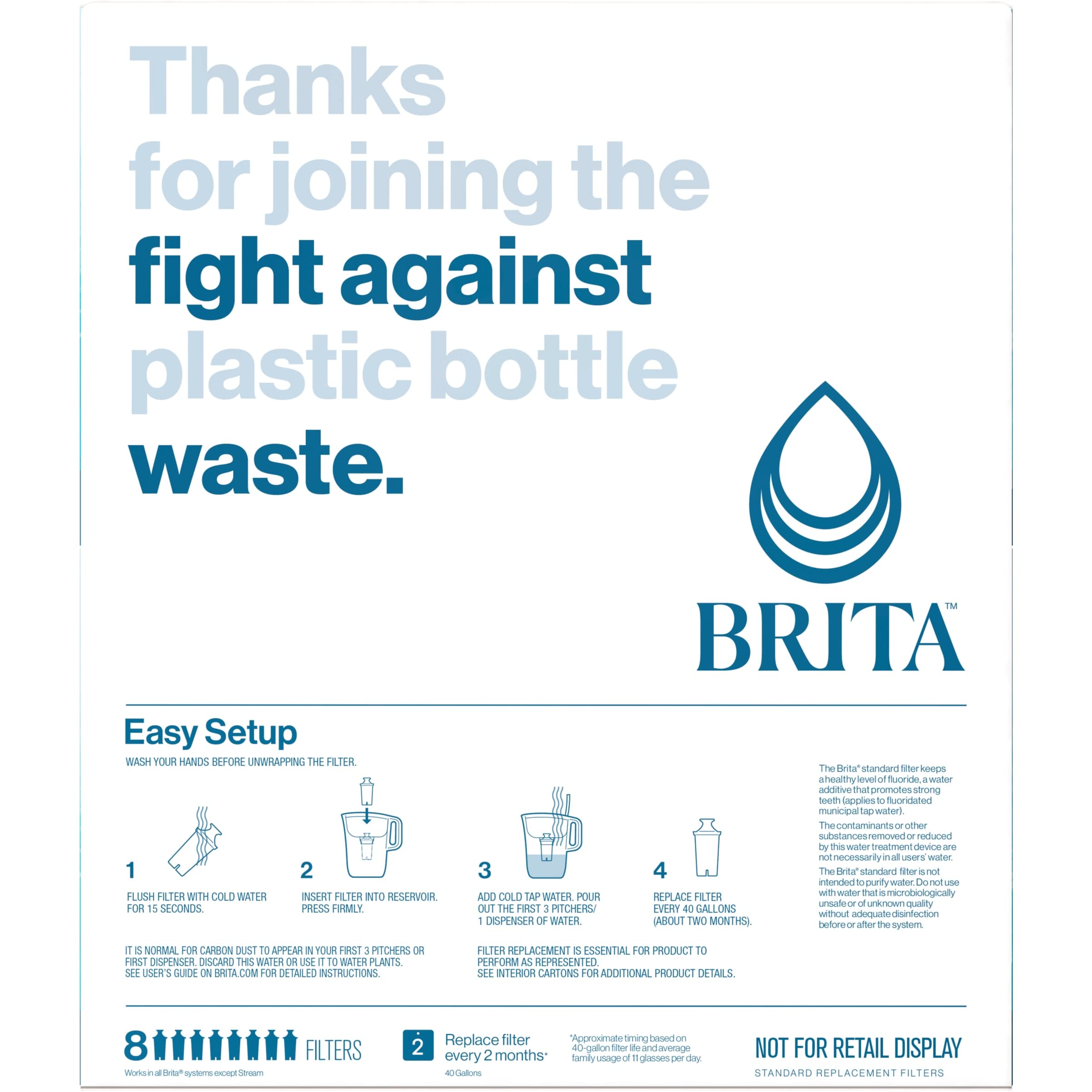 Brita Standard Water Filter Replacements for Pitchers and Dispensers, Lasts 2 Months, Reduces Chlorine Taste and Odor, 8 Count
