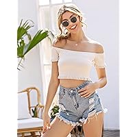 Women's Tops Shirts for Women Sexy Tops for Women Off Shoulder Frill Trim Knit Top Tops (Color : Beige, Size : Large)