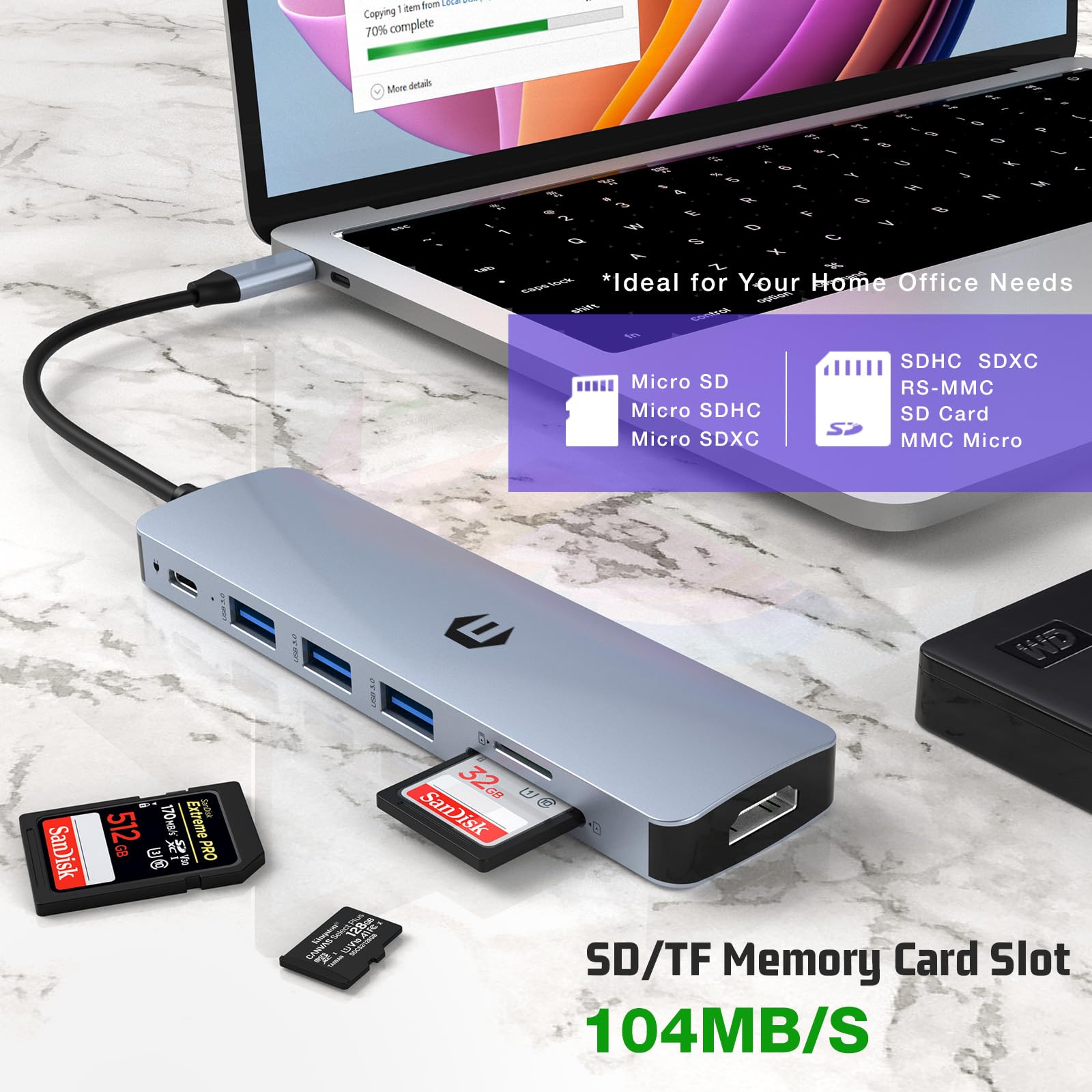 Oditton USB C HUB, 7 in 1 Laptop Multiport Adapter Hub with HDMI Output, 100W Rapid Charging, 3 x USB 3.0 Ports, SD/TF Reader, Compatible for USB C Laptops Dell XPS/HP/Surface and Other Type C Devices