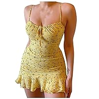 Women's Plus Size Dresses, Summer Sexy Mini Babydoll Dress Spaghetti Strap V Neck Elastic Waist Ruffle Beach Dresses Womens for Vacation Dress Casual Fit and Dress Casual (XXL, Yellow)