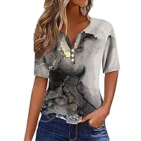 Sequin Tops for Women Short Sleeve V Neck 2024 Summer Casual Tee Fashion Sparkly Print Button Blouses Pullover