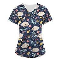 Scrub Tops Women Print Cartoon Pattern Crew Neck Short Sleeve Tops Trendy Short Sleeve Workout Shirts for Women