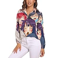 Anime Face Ahegao Womens Long Sleeve Shirts V Neck Button Down Blouses Casual T-Shirt Tops