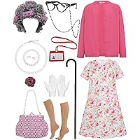 15 Pcs Old Lady Costume Kids Girls Grandma Cosplay Outfit School Party Dress Up with Accessories