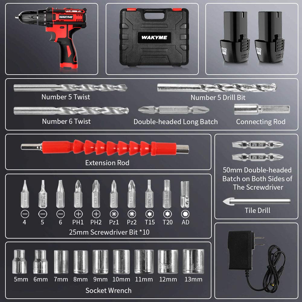 Cordless Drill Set 2 Batteries, WAKYME 12.6V Power Drill 30NM 18+1 Clutch, 3/8