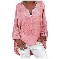 Women's Oversized Linen Shirts Casual Solid 3/4 Sleeve Scoop Neck Summer Tops Plus Size Boho Tunics Loose Fit Pullover