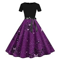 XJYIOEWT Summer Boho Dresses for Women 2024 Plus Size,Women Easter Print Short Sleeve 1950s Evening Party Prom Dress Dre
