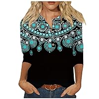 Ladies Floral Print Three Quarter Sleeve Button Collar Top T-Shirt Bottom Summer Vacation Tops for Women