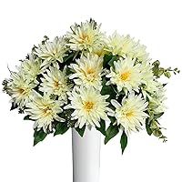 Pack of 3 - Artificial Dahlia 10 Heads Flowers Full Blooms Bouquet Silk Dahlia with Greenery for Wedding Bridal Bouquet Table Centerpieces Floral Arrangements Home Office Decor (White)