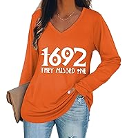 Vintage Long Sleeve Tshirt for Women, 1692 They Missed One Halloween Shirt Tops Casual V Neck Tee Pullover Swertshirts