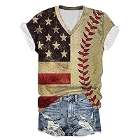 Vintage 4th of July Tee Tops Women American Flag Baseball Print Shirts Summer Casual Short Sleeve V Neck Gift Blouse