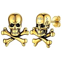 GoldChic Jewelry Skull Earrings Studs For Men, Stainless Steel Retro Vintage Gothic Skeleton Huggie Earrings, Halloween Gifts Hip Hop Jewelry for Man Boys