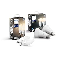 Philips Hue 2pk White A19 & 2pk White Candle Bulbs, Bluetooth, Dimmable only, 2700K (Hue Hub Optional, Compatible with Alexa & Google Assistant)