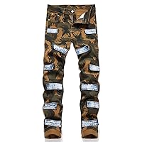 Men Camouflage Print Patches Slim Tapered Stretch Denim Jeans