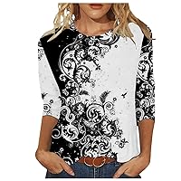 Plus Size Womens Tunic Tops Casual 3/4 Length Sleeve Womens Blouse Fashion Print Round Neck T Shirts for Women