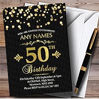 Gold Confetti Black Striped 50th Personalized Birthday Party Invitations