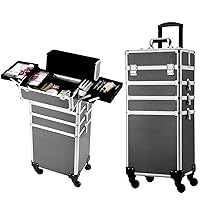 5-in-1 Rolling Makeup Case - Professional Cosmetic Organizer Trolley with Large Storage, Detachable Wheels, Lockable Travel Trunk for Salon, Barber & Makeup Artists