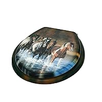 Rivers Edge Products Wood Toilet Seat, Standard Round Toilet Lid with Chrome Hinges, Rustic Bathroom Accessories and Bathroom Decor, 15 1/2 Inches by 13 1/2 Inches, Horse V Schults