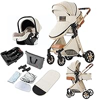 3 in 1 Baby Travel System, Reversible Baby Stroller, Pushchair Luxury Baby High Landscape Pram, Portable Standard Pram Buggy, Foldable Baby Carriage for Newborn Toddler (UDV9-WHITE with Base)