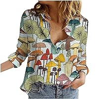 JEGULV Casual Button Down Shirts for Women Long Sleeve V Neck Blouse Mushroom Print Blouse Lightweight Tops Multicolor