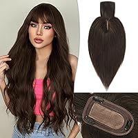 RUWISS Human Hair Topper with Bangs Crown Topper Hair Pieces for Women Short Wiglet Topper for Thinning Hair 7.5 * 13CM Silk Base 100% Real Human Hair Clip in Topper 14Inch 45g（Dark Brown）