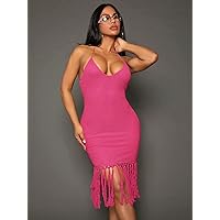 Dresses for Women Women's Dress Fringe Hem Backless Halter Neck Bodycon Dress Dresses (Color : Pink, Size : Small)