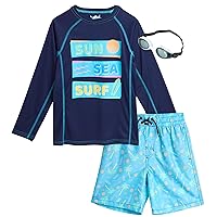 Boys' Rash Guard Set - 3 Piece UPF 50+ Rash Guard Swim Shirt, Bathing Suit, Goggles - Swimwear for Boys (5-14)