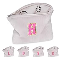 Personalized Gift for Women,A-Z Initial Corduroy Makeup Bag,Monogrammed Cosmetic Bag,Cute Smile Face Make Up Pouch with Zipper,Birthday Gifts for Friend Mom Teacher Wife Daughter(H)