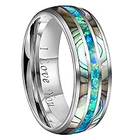 8mm Blue Opal And Abalone Shell Inlay Tungsten Carbide Ring Men Women Wedding Band High Polished Engraved I Love You Size 7 To 17