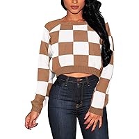 Pink Queen Women's Checkered Cropped Sweater Crew Neck Long Sleeve Color Block Knitted Pullover Crop Top Khaki M