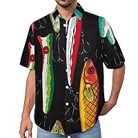 Colorful Fishing Bass Lures Pattern Men's Lapel Shirt Casual Button Down Tees Short-Sleeve Blouse Tops