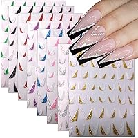 8 Sheets French Nail Art Stickers Decal,3D Glitter Nail Foils Decals Nail Supplies Silver Glitter French Line Shiny White Oblique Strip Nail Design Manicure French Tip Nail Sticker DIY Nail Decoration