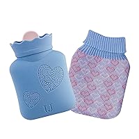 Hot Water Bottle with Cover, HEYPORK Silicone Hot Water Bag for Pain Relief, Cramps, Back, Neck, Feet, Menstrual Cramps (Blue, Short)