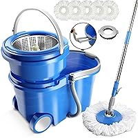 MASTERTOP Mop Bucket with Wringer Set - Floor Mop, Spin Mop with 2 Wheel Easy Move, Stainless Steel Longe Mop Handle, 5 Microfiber Replacement Head Refills, 1 Floor Brush Mop Head