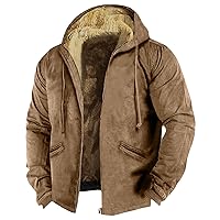 Men's Zipper Flannel Lined Jackets Solid Color Long Sleeve Winter Warm Hooded Jackets Outerwear With Pockets