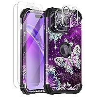 Rancase for iPhone 14 Pro Max Case,Three Layer Heavy Duty Marble Shockproof Protective Case with 2 Tempered Glass Screen Protector+ 2 Camera Lens Protector for iPhone 14 Pro Max 6.7 inch,Butterfly