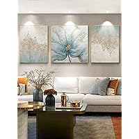 Large Flower and Abstract Canvas Wall Art for Living Room -Hand Painted Floral Oil Painting for Office -3 Pieces Blue Framed Wall Decor for Bedroom Kitchen 28x68 inches