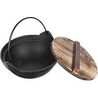 Japanese Cast Iron Sukiyaki Pan Iron Pot Shabu Nabe Hot Pot Induction Cooker Cookware with Wooden Lid and Single Handle for Home Kitchen Restaurant Camping (Black) Sauce Pot