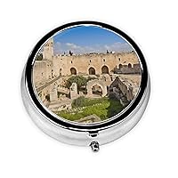 Israel at The Tower of David Pill Box Metal Round Small Pill Case Cute 3 Compartment Pill Organizer Portable Travel Pillbox Mini Pill Container Holder for Daily Medicine Supplement Vitamin